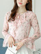 Pink Colorful Plus Size V Neck Pleated Chiffon Ruffled Band Linking See-Through Printed Long Sleeve Top for Casual Office Evening

