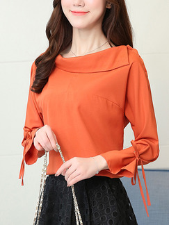 Orange Plus Size Loose Ship Collar Flare Sleeve Tie Pleated Buckled Long Sleeve Top for Casual Office Evening