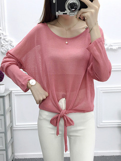 Pink Knitting Loose See-Through Sun Protection Lace Up Boat Neck Top for Casual Office