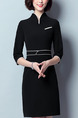 Black Plus Size Contrast Slim A-Line V Neck Pockets Dress for Casual Office