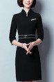 Black Plus Size Contrast Slim A-Line V Neck Pockets Dress for Casual Office
