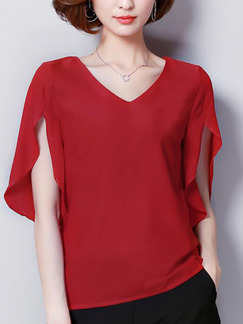 Red Plus Size Loose V Neck Ruffled Off-Shoulder Back Top for Casual