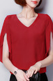 Red Plus Size Loose V Neck Ruffled Off-Shoulder Back Top for Casual