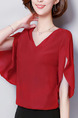 Red Plus Size Loose V Neck Ruffled Off-Shoulder Back Top for Casual