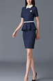 Blue Plus Size Two-Piece Slim Linking Collar Ruffled Over-Hip Furcal Invisible Zipper Back Dress for Casual Office