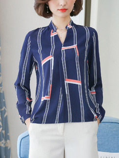 Blue Plus Size Contrast Stripe V Neck Top for Casual Office