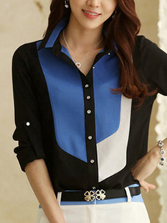 Black Blue and White Plus Size Contrast Lapel Sleeve Buttons Top for Casual Office