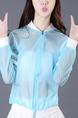 Blue and White Contrast Linking Stand Collar See-Through Long Sleeve Cardigan for Casual