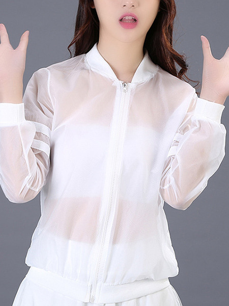 White Contrast Linking Stand Collar See-Through Long Sleeve Cardigan for Casual
