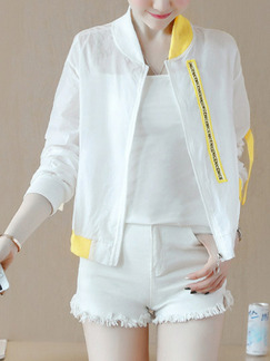 White and Yellow Contrast Linking Stand Collar See-Through Ribbon Long Sleeve Cardigan for Casual