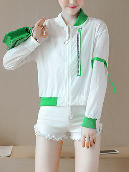 Green and White Contrast Linking Stand Collar See-Through Ribbon Long Sleeve Cardigan for Casual