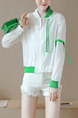 Green and White Contrast Linking Stand Collar See-Through Ribbon Long Sleeve Cardigan for Casual
