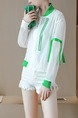 Green and White Contrast Linking Stand Collar See-Through Ribbon Long Sleeve Cardigan for Casual