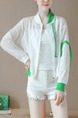 Green and White Contrast Linking Stand Collar See-Through Ribbon Long Sleeve Cardigan for Casual