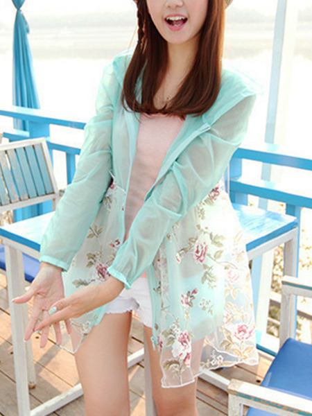 Blue and Green Linking Printed Hooded See-Through Adjustable Long Sleeve Cardigan for Casual Beach