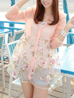 Pink Linking Printed Hooded See-Through Adjustable Long Sleeve Cardigan for Casual Beach