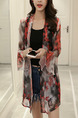 Red White and Black Chiffon Plus Size Printed Flare Sleeve See-Through Long Sleeve Coat for Casual