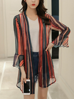 Black and Red Chiffon Plus Size Stripe Flare Sleeve See-Through Coat for Casual