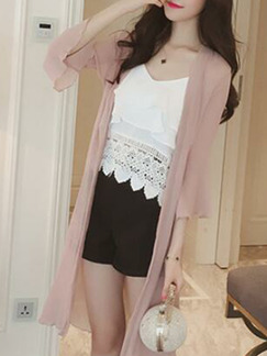 Pink Chiffon Loose See-Through Laced Flare Sleeve  Coat for Casual