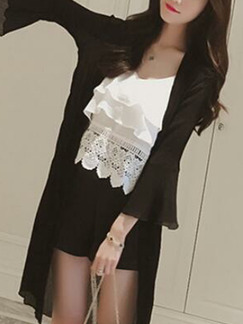 Black Chiffon Loose See-Through Laced Flare Sleeve  Coat for Casual Party