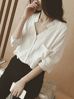 White Chiffon Loose V Neck Pocket  Top for Casual Office