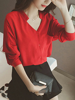 Red Chiffon Loose V Neck Pocket  Top for Casual Office