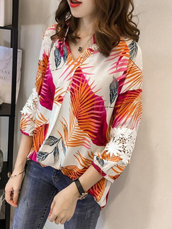 Colorful Plus Size Loose V Neck Printed Linking Lace Top for Casual