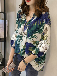 Green Blue and White Plus Size Loose V Neck Printed Linking Lace Top for Casual