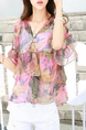 Pink Colorful Chiffon Loose Printed V Neck Flare Sleeve Ruffle See-Through Coat for Casual