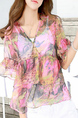 Pink Colorful Chiffon Loose Printed V Neck Flare Sleeve Ruffle See-Through Coat for Casual