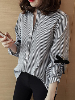 Black and White Plus Size Loose Lapel Contrast Stripe Band Butterfly Knot Blouse Top for Casual Office Party