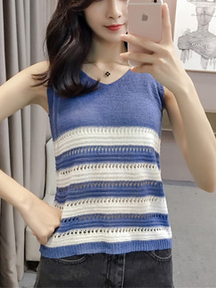 Blue and White Slim Stripe Knitting T-Shirt V Neck Top for Casual