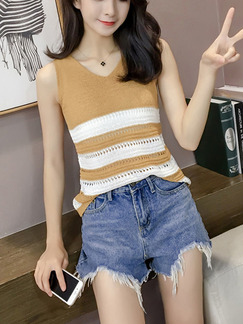 Brown and White Slim Stripe Knitting T-Shirt V Neck Top for Casual