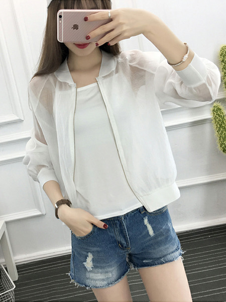 White Loose Located Printing See-Through Long Sleeve Coat for Casual
