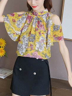 Yellow Colorful Slim Printed Off-Shoulder Shirt Floral Plus Size Top for Casual Party