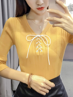 Yellow Slim Knitting Bandage V Neck Top for Casual Party