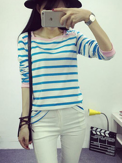 White and Blue  Loose Contrast Stripe T-Shirt Long Sleeve Top for Casual Party