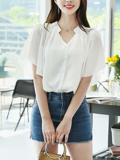 White  Loose Flare Pleated Shirt V Neck Plus Size Top for Casual Party
