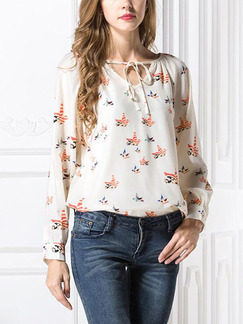 White Colorful Loose Printed Band Shirt Long Sleeve Top for Casual Party Office