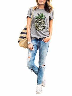 Light Gray Loose Pineapple T-Shirt Plus Size Top for Casual