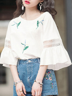 White Loose Flare Sleeve Embroidery Shirt Top for Casual Party