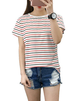 White Black and Red  Loose Contrast Stripe T-Shirt Top for Casual