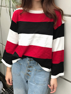 Black White and Red  Loose Contrast Stripe T-Shirt Long Sleeve Top for Casual