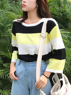 Black White and Yellow Loose Contrast Stripe T-Shirt Long Sleeve Top for Casual
