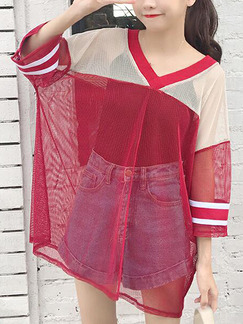Red Loose Mesh See-Through T-Shirt Top for Casual