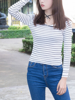 White and Navy Blue Slim Contrast Stripe T-Shirt Long Sleeve Top for Casual Party