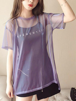 Black and Purple Loose Sling See-Through T-Shirt Plus Size Top for Casual Party
