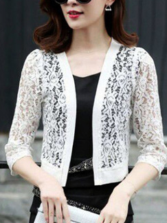 White Slim Lace See-Through Long Sleeve Plus Size Coat for Casual Party Office Evening