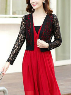 Black Slim Lace See-Through Long Sleeve Plus Size Coat for Casual Party Office Evening