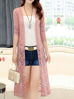 Pink Slim Lace See-Through Long Sleeve Plus Size Coat for Casual